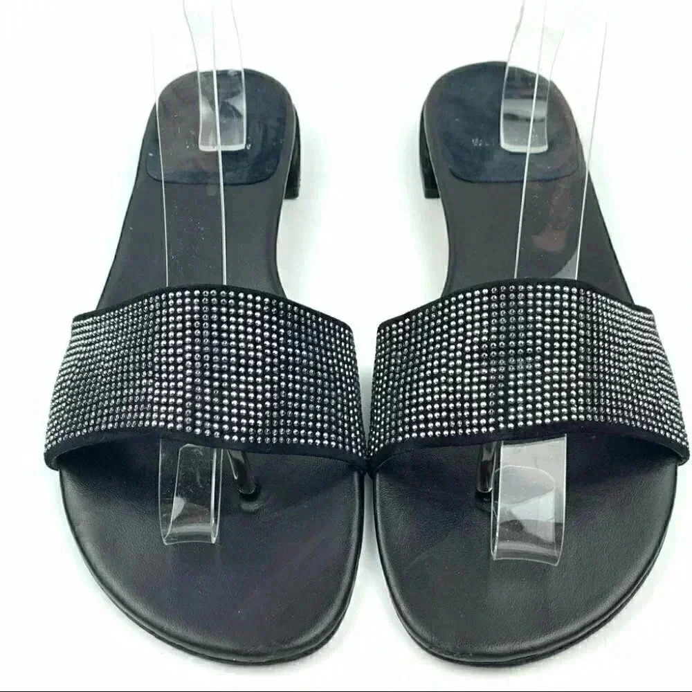 Stuart Weitzman Sandals Size 9 Black Leather Suede Studded Slip On Slides